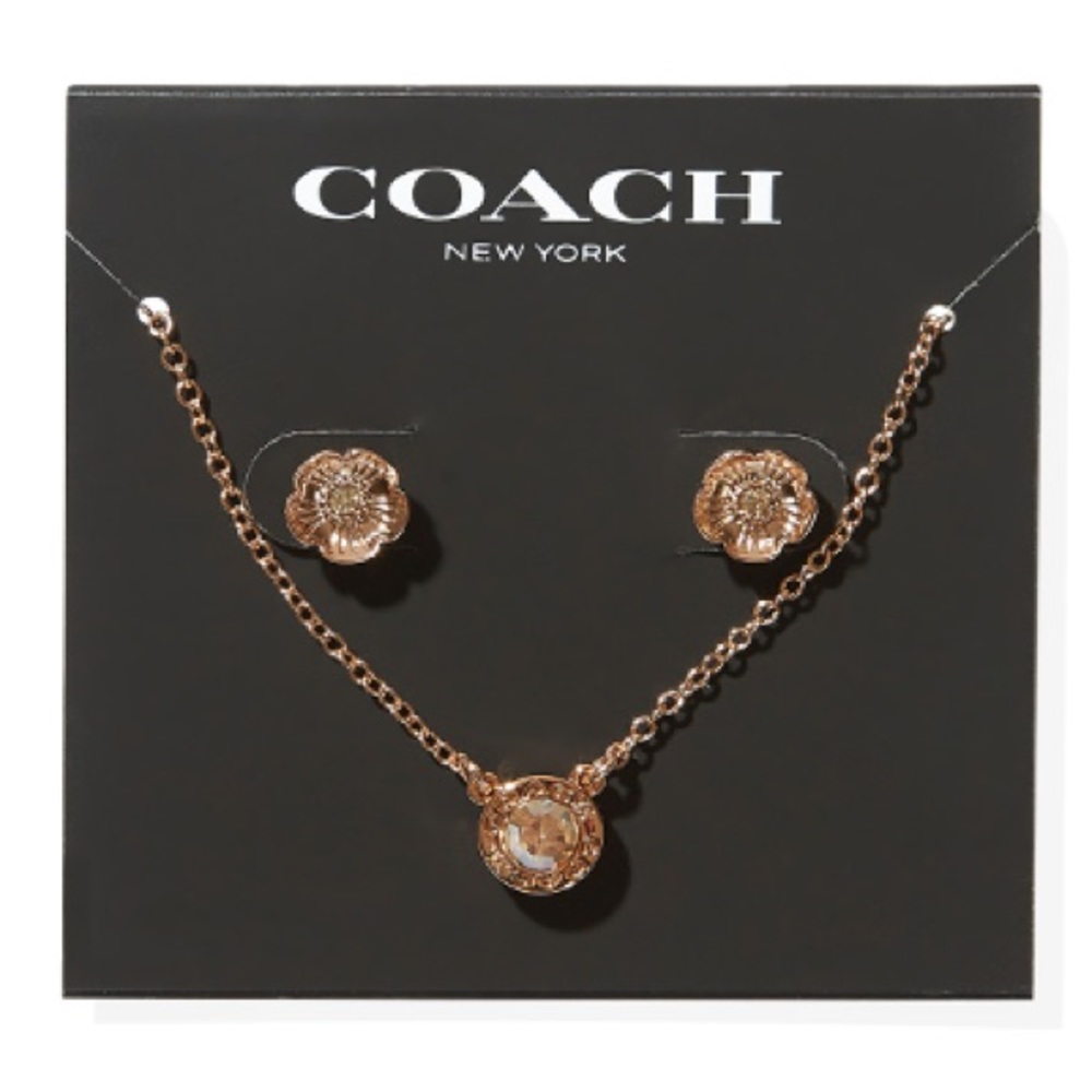 NWT | Coach | rose gold necklace + tea rose flower stud earrings